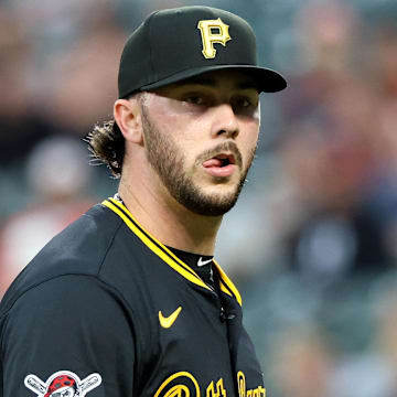 Sep 10, 2025; Baltimore, Maryland, USA; Pittsburgh Pirates pitcher Paul Skenes (30) looks on during the first inning against Baltimore Orioles at Oriole Park at Camden Yards. Mandatory Credit: Daniel Kucin Jr.-Imagn Images
