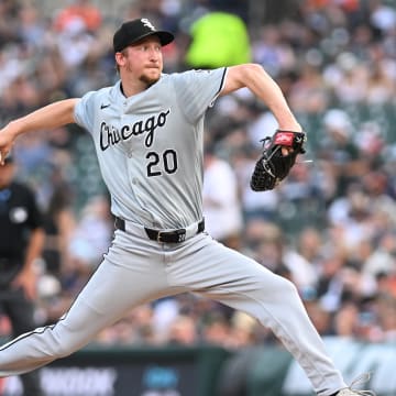 Jun 21, 2024; Detroit, Michigan, USA; Chicago White Sox starting pitcher Erick Fedde (20) throws a pitch against the Detroit Tigers in the second inning at Comerica Park. Mandatory Credit: Lon Horwedel-USA TODAY Sports