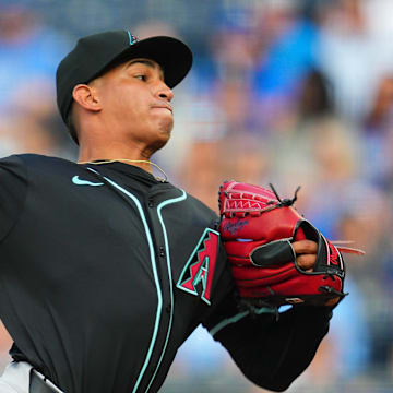 Jul 22, 2024; Kansas City, Missouri, USA; Arizona Diamondbacks starting pitcher Yilber Diaz (45) pitches during the first inning against the Kansas City Royals at Kauffman Stadium. Mandatory Credit: Jay Biggerstaff-Imagn Images