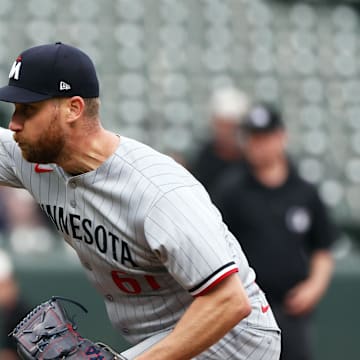 Minnesota Twins pitcher Brock Stewart (61) throws during the sixth inning against the Baltimore Orioles at Oriole Park at Camden Yards on May 14.