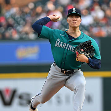 Seattle Mariners starting pitcher Bryan Woo (22) throws a pitch against the Detroit Tigers in the second inning at Comerica Park on Aug 14.