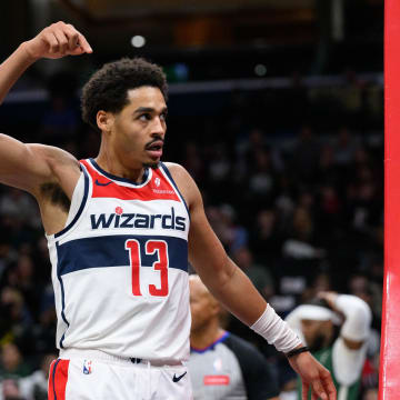 Apr 2, 2024; Washington, District of Columbia, USA; Washington Wizards guard Jordan Poole (13) reacts during the third quarter against the Milwaukee Bucks at Capital One Arena. Mandatory Credit: Reggie Hildred-USA TODAY Sports