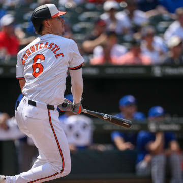 Jul 29, 2024; Baltimore, Maryland, USA; Baltimore Orioles first base Ryan Mountcastle (6) hits a single against the Toronto Blue Jays during the first inning at Oriole Park at Camden Yards.