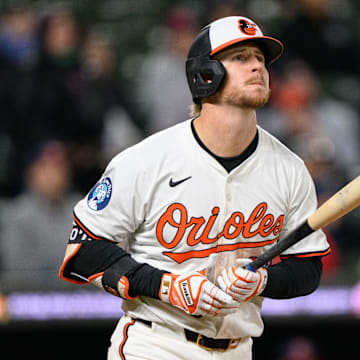 Apr 16, 2025; Baltimore, Maryland, USA; Baltimore Orioles first baseman Ryan O'Hearn (32) reacts while hitting a home run during the eighth inning against the Cleveland Guardians at Oriole Park at Camden Yards. 