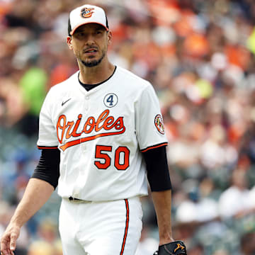 Jun 1, 2025; Baltimore, Maryland, USA; Baltimore Orioles pitcher Charlie Morton (50) looks on during the sixth inning against the Chicago White Sox at Oriole Park at Camden Yards.