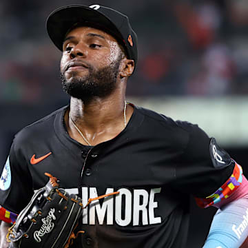 Jul 11, 2025; Baltimore, Maryland, USA; Baltimore Orioles outfielder Cedric Mullins (31) runs off of the field during the fifth inning against the Miami Marlins at Oriole Park at Camden Yards. Mandatory Credit: Daniel Kucin Jr.-Imagn Images
