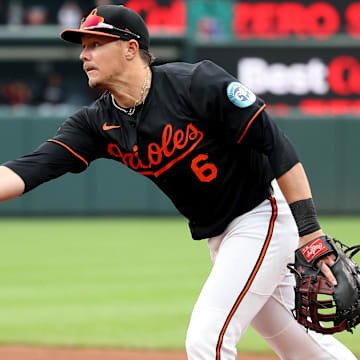 May 14, 2025; Baltimore, Maryland, USA; Baltimore Orioles first baseman Ryan Mountcastle (6) throws to first for an out during the sixth inning against the Minnesota Twins at Oriole Park at Camden Yards. Mandatory Credit: Daniel Kucin Jr.-Imagn Images