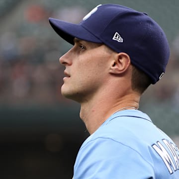 Tampa Bay Rays outfielder Jake Mangum (28) looks on before a game against the Baltimore Orioles at Oriole Park at Camden Yards. 