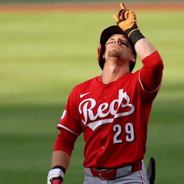 Jul 21, 2025; Washington, District of Columbia, USA; Cincinnati Reds outfielder TJ Friedl (29) celebrates after hitting a single during the first inning against the Washington Nationals at Nationals Park. Mandatory Credit: Daniel Kucin Jr.-Imagn Images