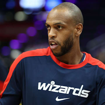 Mar 27, 2025; Washington, District of Columbia, USA; Washington Wizards forward Khris Middleton (32) warms up before a game against the Indiana Pacers at Capital One Arena. Mandatory Credit: Daniel Kucin Jr.-Imagn Images