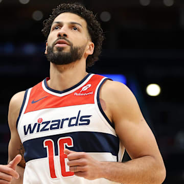 Mar 27, 2025; Washington, District of Columbia, USA; Washington Wizards forward Anthony Gill (16) looks on during the first half against the Indiana Pacers at Capital One Arena. Mandatory Credit: Daniel Kucin Jr.-Imagn Images