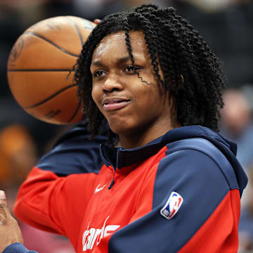 Mar 27, 2025; Washington, District of Columbia, USA; Washington Wizards guard Bub Carrington (8) warms up before a game against the Indiana Pacers at Capital One Arena. Mandatory Credit: Daniel Kucin Jr.-Imagn Images