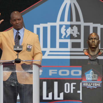 Aug 6, 2022; Canton, OH, USA; Bryant Young speaks during the Pro Football Hall of Fame Class of 2022 enshrinement  ceremony at Tom Benson Hall of Fame Stadium.  