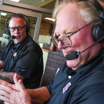 Greg Swindell, left, and Keith Moreland, right, broadcast from the Longhorn Network booth during the Texas Longhorns baseball game against Kansas at UFCU Disch–Falk Field on Saturday, May. 18, 2024 in Austin.