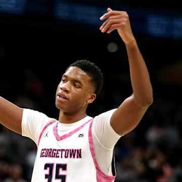 Feb 8, 2025; Washington, District of Columbia, USA; Georgetown Hoyas forward Thomas Sorber (35) celebrates during the second half against the Seton Hall Pirates at Capital One Arena. Mandatory Credit: Daniel Kucin Jr.-Imagn Images