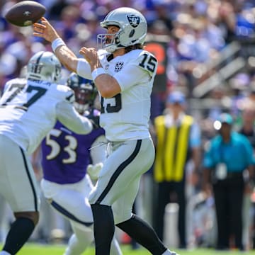 Sep 15, 2024; Baltimore, Maryland, USA; Las Vegas Raiders quarterback Gardner Minshew (15) throws during the first half against the Baltimore Ravens at M&T Bank Stadium. Mandatory Credit: Reggie Hildred-Imagn Images