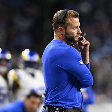 Sep 8, 2024; Detroit, Michigan, USA; Los Angeles Rams head coach Sean McVay watches the action against the Detroit Lions from the sidelines in the second quarter at Ford Field. Mandatory Credit: Lon Horwedel-Imagn Images