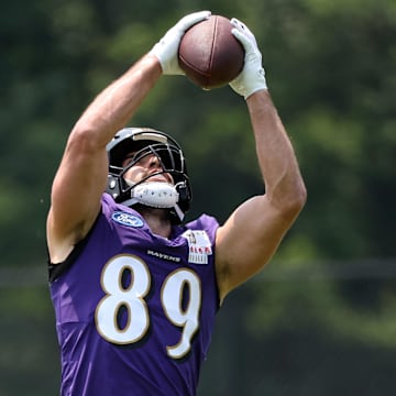 Jun 11, 2025; Baltimore, MD, USA; Baltimore Ravens tight end Mark Andrews (89) makes a catch during an NFL OTA at Under Armour Performance Center. Mandatory Credit: Daniel Kucin Jr.-Imagn Images