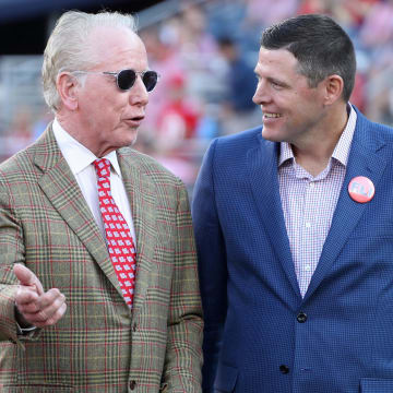 Oct 23, 2021; Oxford, Mississippi, USA; Mississippi Rebels former quarterback Archie Manning talks with Mississippi Rebels athletic director Keith Carter during half time at Vaught-Hemingway Stadium. Mandatory Credit: Petre Thomas-USA TODAY Sports