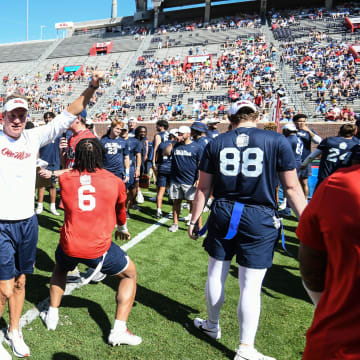 Ole Miss head coach Lane Kiffin reacts during the Ole Miss Grove Bowl Games at Vaught-Hemingway Stadium in Oxford, Miss., on Saturday, Apr. 13, 2024.