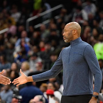 Mar 21, 2025; Washington, District of Columbia, USA; Orlando Magic forward Paolo Banchero (5) and head coach Jamahl Mosley react during the second quarter against the Washington Wizards at Capital One Arena. Mandatory Credit: Reggie Hildred-Imagn Images