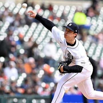 Apr 6, 2025; Detroit, Michigan, USA;  Detroit Tigers starting pitcher Jackson Jobe (21) throws a pitch against the Chicago White Sox  in the first inning at Comerica Park. Mandatory Credit: Lon Horwedel-Imagn Images