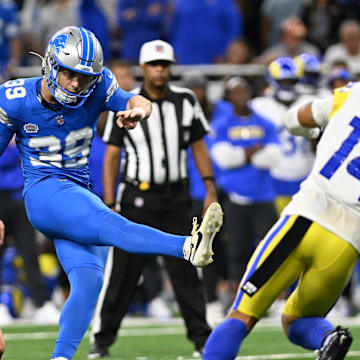 Sep 8, 2024; Detroit, Michigan, USA; Detroit Lions place kicker Jake Bates (39) kicks the game-tying field goal against the Los Angeles Rams in the fourth quarter at Ford Field. Mandatory Credit: Lon Horwedel-Imagn Images