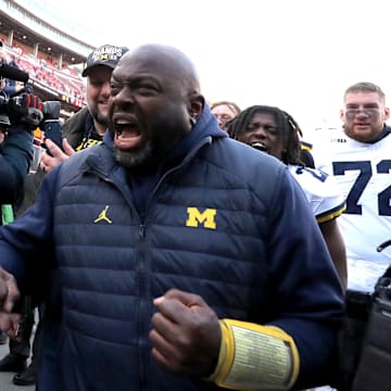 Nov 30, 2024; Columbus, Ohio, USA;  Michigan Wolverines coach Tony Alford reacts to fans heckling him after the game against the Ohio State Buckeyes at Ohio Stadium. Mandatory Credit: Joseph Maiorana-Imagn Images