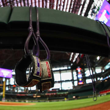TCU Practice Bands hanging on the railing at globe life field, 02/29/2024