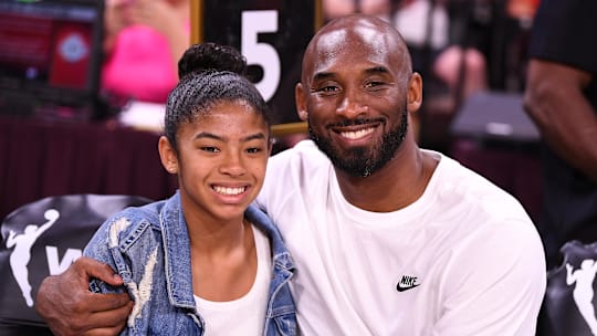 Jul 27, 2019; Las Vegas, NV, USA; Kobe Bryant is pictured with his daughter Gianna at the WNBA All Star Game at Mandalay Bay Events Center. Mandatory Credit: Stephen R. Sylvanie-Imagn Images