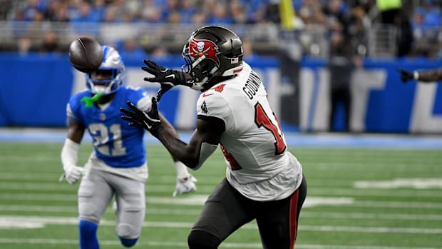 Tampa Bay Buccaneers wide receiver Chris Godwin (14) catches a touchdown pass against the Detroit Lions in the second quarte