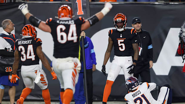 Dec 28, 2024; Cincinnati, Ohio, USA; Cincinnati Bengals wide receiver Tee Higgins (5) celebrates the game winning touchdown c
