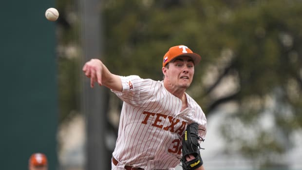 Texas Longhorns pitcher Charlie Hurley (32) throws a pitch during the baseball game.