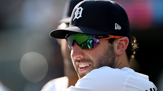 Matt Vierling of Detroit Tigers smiles in dugout wearing sunglasses Matt Vierling of Detroit Tigers smiles in dugout wearing sunglasses