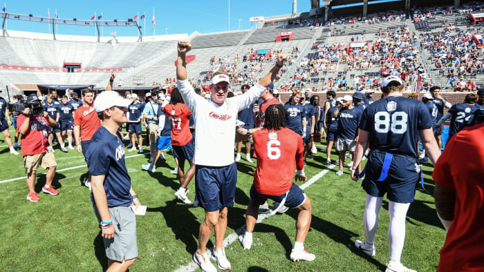 Ole Miss head coach Lane Kiffin reacts during the Ole Miss Grove Bowl Games at Vaught-Hemingway