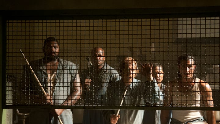 Big Tiny (Theodus Crane), Oscar (Vincent Ward), Axel (Lew Temple), Andrew (Markice Moore) and Tomas (Nick Gomez) - The Walking Dead_Season 3, Episode 1_"Seed" - Photo Credit: Gene Page/AMC