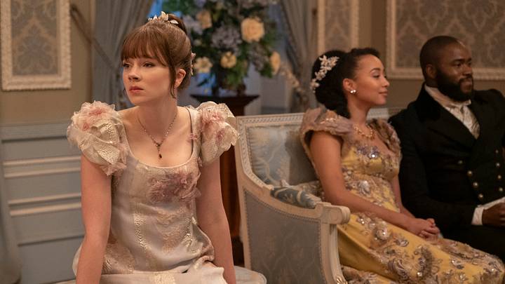 Bridgerton. (L to R) Claudia Jessie as Eloise Bridgerton, Emma Naomi as Alice Mondrich, Martins Imhangbe as Will Mondrich in episode 305 of Bridgerton. Cr. Liam Daniel/Netflix © 2024