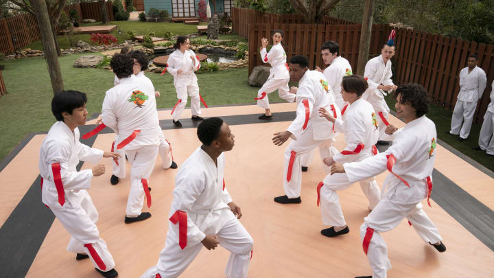 The students of Miyagi-Do doing karate in Cobra Kai season 6 part 1