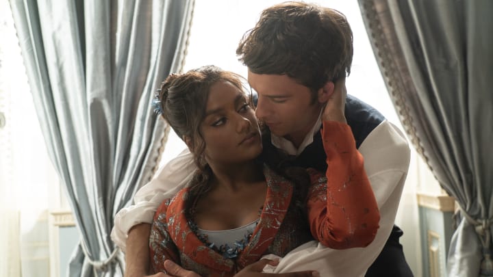 Bridgerton. (L to R) Simone Ashley as Kate Sharma, Jonathan Bailey as Anthony Bridgerton in episode 301 of Bridgerton. Cr. Liam Daniel/Netflix © 2023