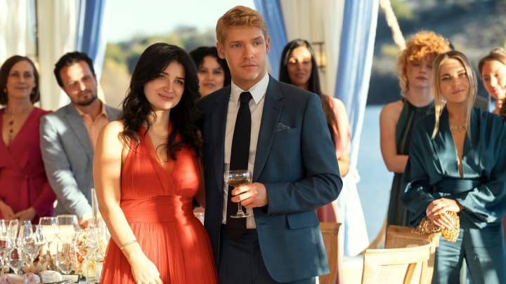 The Perfect Couple. (L to R) Eve Hewson as Amelia Sacks, Billy Howle as Benji Winbury in episode 101 of The Perfect Couple