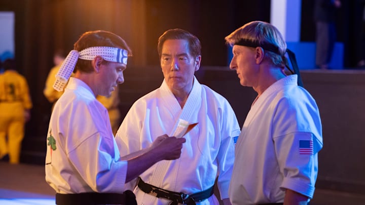 Cobra Kai. (L to R) Ralph Macchio as Daniel LaRusso, Yuji Okumoto as Chozen, William Zabka as Johnny Lawrence in Cobra Kai. Cr. Curtis Bonds Baker/Netflix © 2024