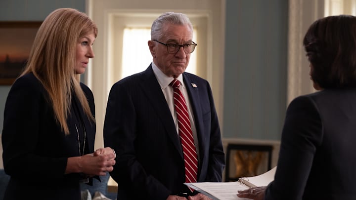 (L to R) Connie Britton as Valerie Whitesell, Robert De Niro as George Mullen, and Angela Bassett as President Mitchell in Episode 105 of Zero Day