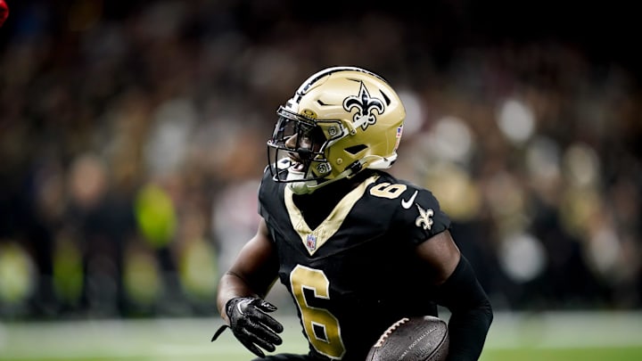 New Orleans Saints safety Marcus Maye reacts after intercepting a Tennessean Titans pass.