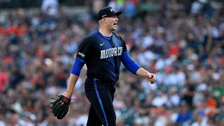 Aug 8, 2025; Detroit, Michigan, USA;  Detroit Tigers starting pitcher Tarik Skubal (29) shares a few words with Los Angeles Angels designated hitter Mike Trout (not pictured) after he got Trout to line out to third base in the first inning at Comerica Park. Mandatory Credit: Lon Horwedel-Imagn Images