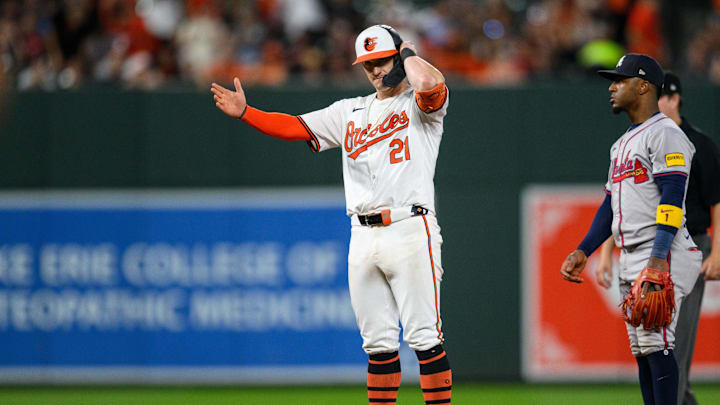 Jun 12, 2024; Baltimore, Maryland, USA; Baltimore Orioles outfielder Austin Hays (21) reacts after hitting a double during the eighth inning against the Atlanta Braves at Oriole Park at Camden Yards. Mandatory Credit: Reggie Hildred-Imagn Images
