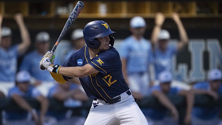Jun 8, 2024; Chapel Hill, NC, USA; West Virginia Mountaineers Brodie Kresser (12) bats against the North Carolina Tar Heels in the second inning of the DI Baseball Super Regional at Boshamer Stadium. Mandatory Credit: Jeffrey Camarati-Imagn Images