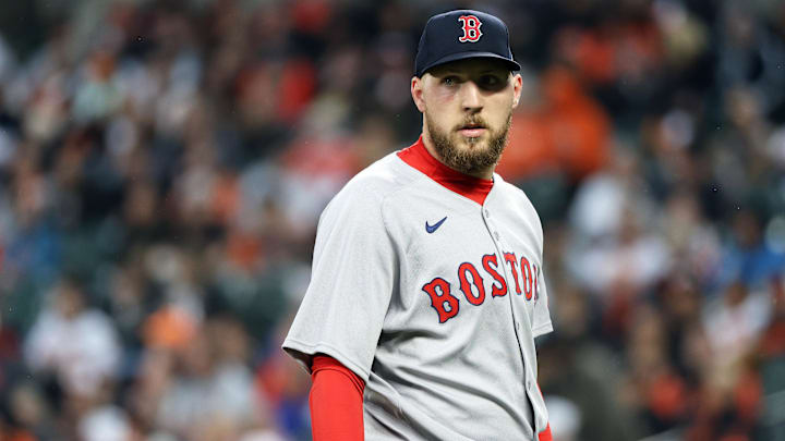 Apr 2, 2025; Baltimore, Maryland, USA; Boston Red Sox pitcher Garrett Crochet (35) looks on during the first inning against the Baltimore Orioles at Oriole Park at Camden Yards. Mandatory Credit: Daniel Kucin Jr.-Imagn Images