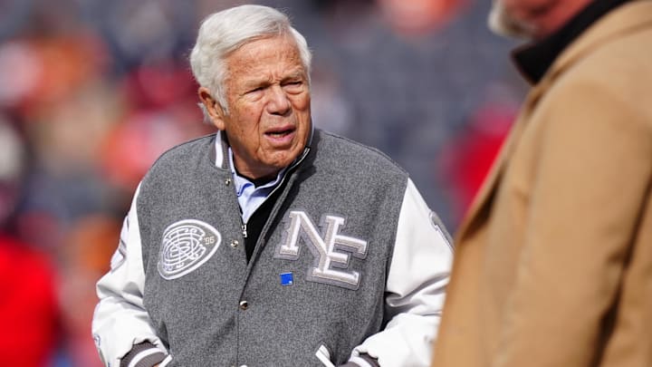 Jan 25, 2026; Denver, CO, USA; New England Patriots owner Robert Kraft before the 2026 AFC Championship Game at Empower Field at Mile High. Mandatory Credit: Ron Chenoy-Imagn Images