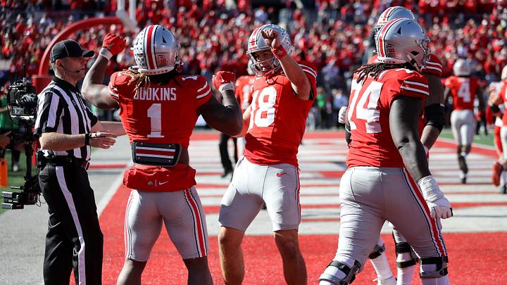 Oct 26, 2024; Columbus, Ohio, USA; Ohio State Buckeyes quarterback Will Howard (18) celebrates a touchdown with running back Quinshon Judkins (1) during the fourth quarter against the Nebraska Cornhuskers at Ohio Stadium. Mandatory Credit: Joseph Maiorana-Imagn Images