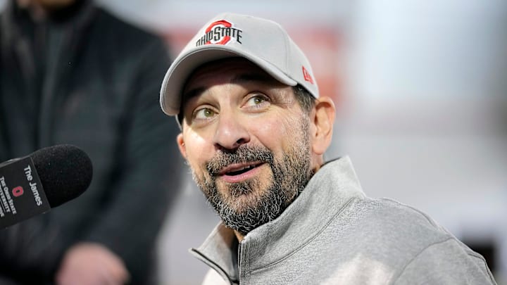 Ohio State defensive coordinator Matt Patricia speaks to the meeting during a press conference before the start of spring football at the Woody Hayes Athletic Center on March 7, 2025.